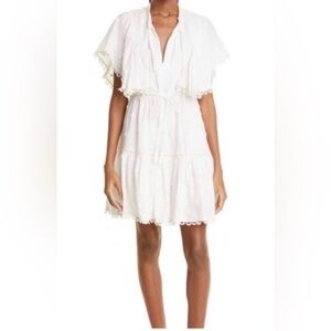 Farm Rio 3D flower flutter sleeve S White embroidered Dress with beaded tassels